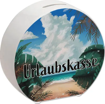 Produktbild von Spardose aus Keramik mit sommerlichem Strandmotiv und Palmen - Urlaubskasse