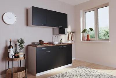 Produktbild von Küche Miniküche Singleküche Luis 150 cm Weiß Schwarz ohne Kühlschrank Respekta