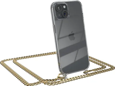 Produktbild von EAZY CASE Metall Handykette für Apple iPhone 15, Handyhülle mit Umhängeband, Silikonhülle, Metallkette für Smartphone in Gold