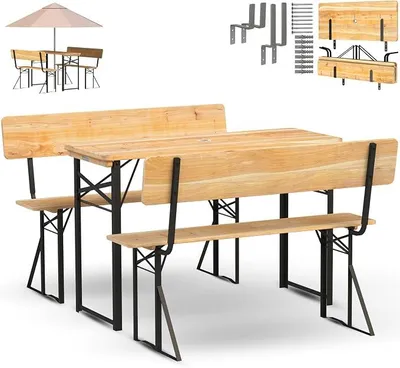 Produktbild von Bierzeltgarnitur 3-teilig aus Holz mit Lehne I Bierbankgarnitur mit Tisch und 2 Bänken I Festzeltgarnitur mit Wandhalterung & Bodenheringe I Sitzgarnitur inkl. Flaschenöffner