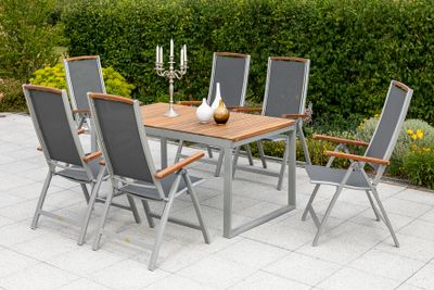 Merxx Gartenmöbelset "Siena" 7tlg. - Aluminiumgestell mit Textilbespannung schwarz und Akazienholz - 50239-219