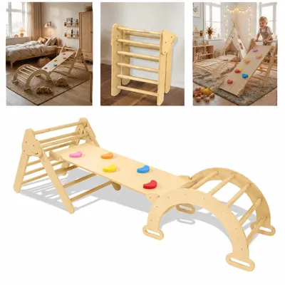 Obrázok produktu pre UISEBRT 7-v-1 Montessori lezecká zostava do interiéru, drevený lezecký trojuholník, hojdačka, šmykľavka, herná súprava pre obývačku, detskú izbu alebo spálňu