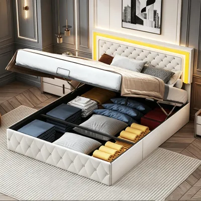 Productafbeelding van INONEFT Boxspringbed 160x200 cm met lattenbodem en opbergruimte, tweepersoonsbed/jeugdbed met LED-verlichting en bedkist, multifunctioneel bed met opbergruimte, fluweel, beige