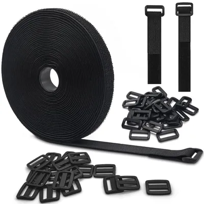 Klettbandrolle 15 m, 2 cm breit, mit 50 Schnallen, schwarz, wiederverwendbar