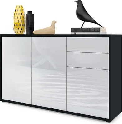 Produktbild von Vladon Sideboard Ben V3, Kommode mit 3 Türen und 2 Schubladen, Schwarz matt/Weiß Hochglanz (117 x 74 x 36 cm)