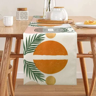 Obrázek produktu pro Běžec na stůl, abstraktní, boho styl, béžová a žlutá barva, zelené listy, rozměry 33 x 183 cm