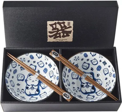 Zdjęcie produktu dla Japan Zestaw misek Maneki Cat z pałeczkami 400 ml 2 szt