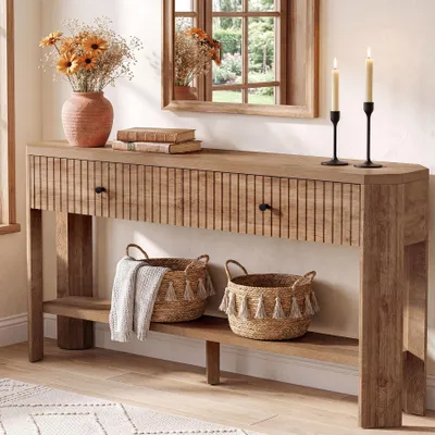Produktbild von Tribesigns Konsolentisch mit 2 Schubladen, 150 cm schmaler Flurtisch mit Ablagefach, gerillter Sofatisch im Landhausstil, Rustikales Braun