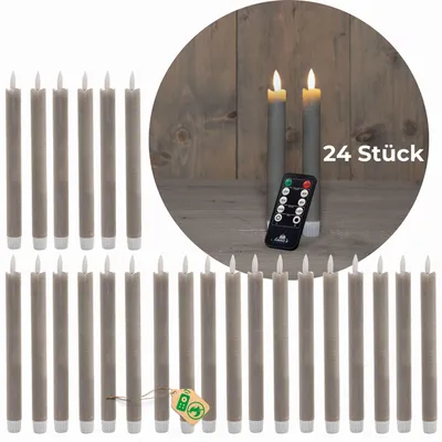 Produktbild von LED Stabkerzen 12 Stück ECHTWACHS TAUPE GRAU mit Timer Funktion 6 Stunden 18cm Höhe für Kerzen 2,2cm Durchmesser 2 AAA Batterien notwendig LED Stabkerzen 4er Set 6x bewegliche Flamme