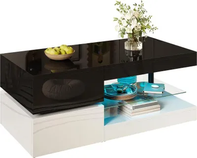 Zdjęcie produktu dla AIORBER Nowoczesny stolik kawowy z LED, sterowanie aplikacją, wysoki połysk, szklana półka, czarno-biały design, 90x45x35,5 cm, czarno-biały