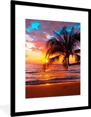 Produktbild von MuchoWow® Gerahmtes Poster Palme - Sonnenuntergang - Strand - Meer - Horizont 60x80 cm - Poster mit Schwarzem Bilderrahmen Wandposter Rahmen Foto Bilder - Wohnzimmer - Dekorationen - Prämie