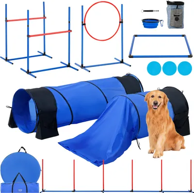Produktbild von VEVOR Agility-Trainingsgerät für Hunde, 7-teiliges Set mit verstellbaren hohen Hürden, 6 Slalomstangen, 2 Tunneln, Sprungring, Pausenbox, 3 Frisbees, Pfeife, faltbarem Napf, Hindernisparcours-Set