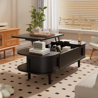 Immagine prodotto di Tavolino con piano sollevabile, in legno, colore nero, con spazio di stoccaggio nascosto e superficie di lavoro
