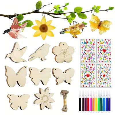 Produktbild von Holz Bastelset für Kinder 57-teilig DIY Kreativset, Schmuck Anhänger zum Bemalen, Geschenk für Mädchen Geburtstag & Party