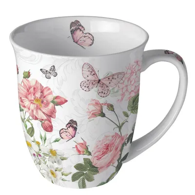 Produktbild von Tasse aus Porzellan Amelia white  - Schmetterlinge an Sommerblumen weiß 0,4L, Höhe 10,5cm Ambiente Tasse Kaffeetasse Teetasse Blumen, Garten & Natur