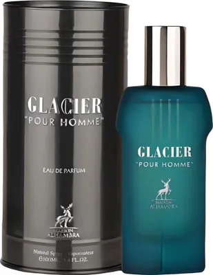 A perfume bottle and its cylindrical packaging are displayed side-by-side against a white background.