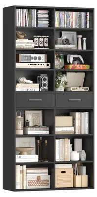 Image de Bibliothèque - Étagère en bois - 8 étagères - 2 tiroirs - Étagère ouverte - 185,5 cm de haut - Design moderne - Noir