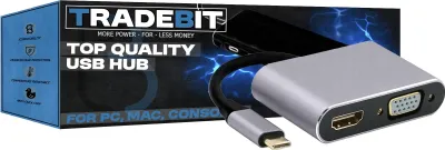 Productafbeelding van USB-C 3.1 adapter met 4K@30Hz HDMI en VGA aansluiting, geschikt voor Windows/Mac/Steam