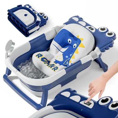 Immagine prodotto di Omgoods Vaschetta da bagno pieghevole per bambini con cuscino da bagno e termometro - Blu