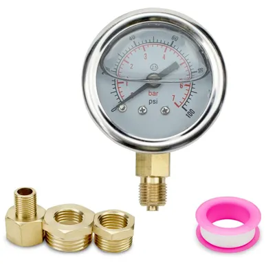 Imagen del producto de Manómetro de 60 mm de diámetro, con rango de medición de 0 a 7 bar, conexión BSP 1/4", que incluye un adaptador y cinta de teflón, para mediciones de presión