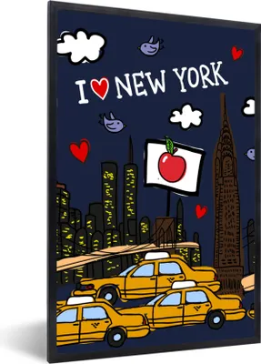 Produktbild von MuchoWow® MuchoWow® Gerahmtes Poster New York - Nacht - Zeichnung 40x60 cm - Poster mit zchwarzem Bilderrahmen - Papierdruck - Wandbilder