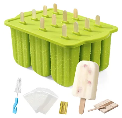 Produktbild von 12 wiederverwendbare Silikon-Eisformen – aus lebensmittelechtem, BPA-freiem und LFGB-em Silikon gefertigt. Jede Form verfügt über 12 Fächer à 95 ml (Gesamtmaße: 21 x 14 x 10 cm), ideal für selbstgemachtes Eis am Stiel. Dank hoher Flexibilität löst sich das gefrorene Eis mühelos – ohne Bruch oder Kratzen. Mit rutschfestem Halter und weichem Deckel für sicheres Einfrieren. Farbe: Grün. Perfekt für Familien, Gesundheitsbewusste und DIY-Enthusiasten.