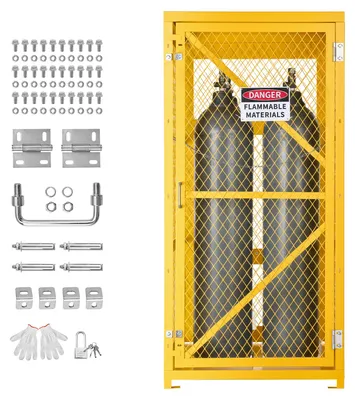 Produktbild von SucceBuy Gasflaschenschrank 787x762x1650 mm, Lagerkäfig für 9 Zylinder aus Kohlenstoffstahl, ausgestattet mit Kette, Schloss und Schlüsseln, geeignet für Propangas, Sauerstoff und Stickstoff