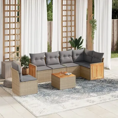 Produktbild von Design 7-tlg. Garten-Sofagarnitur mit Kissen Beige Poly Rattan, Gartenmöbel-Sets 2024 Neu