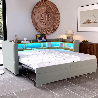 Produktbild von STILVORA Schlafsofa 90/180×190 cm Polsterbett mit Ausziehbett & LED Leuchten,Daybett mit Steckdosen,Samtstoff,Hellgrau(ohne Matratze)