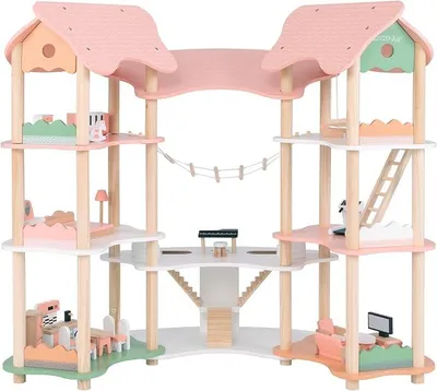 Imagen del producto de Casita de muñecas de madera, con 3 plantas y una gran casa de muñecas con 7 habitaciones y 32 accesorios de mobiliario, ideal para niñas a partir de 3 años