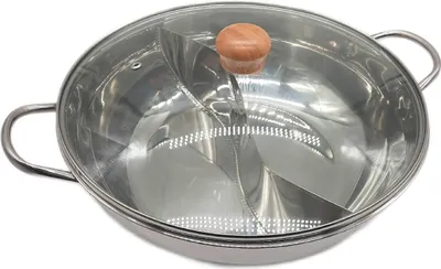 Zdjęcie produktu dla Ø 34 cm garnek HOT POT ze stali nierdzewnej ze szklaną pokrywą i 2 komorami | Garnek ognisty | Shabu Shabu