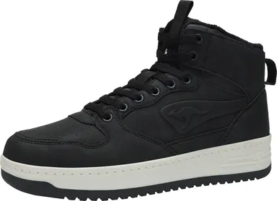 A studio shot of a black high-top sneaker.