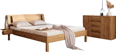 Produktbild von Bett Bento 8 Sonderlänge 160x190 Wildeiche massiv mit Holzkopfteil und Holzbeine