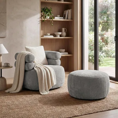 Produktbild von Drehsessel-Set NANO Grau – Drehsessel 360° mit runder Form mit Hocker, Relaxsessel, Lesesessel, Sitzhocker, Fußhocker und Zierkissen