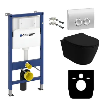 Produktbild von GEBERIT Geberit Duofix Basic Vorwandelement + Wand-WC Tiefspül Praia Becken Schwarz Spülrandlos + Bedienplatte Delta 25 für Doppelspülung