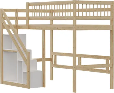 Produktbild von Hochbett 90x200cm Kinderbett (ohne Matratze) Jugendbett Einzelbett Massivholzrahmen Treppe mit Aufbewahrungsschrank Massivholzbett Holzfarbe