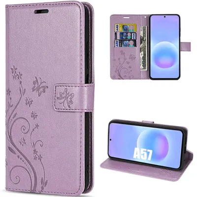 Image de Coque pour Samsung Galaxy A57 5G, Rabat Anti-Rayures Antichoc Synthécuir Relief Floral - Violet