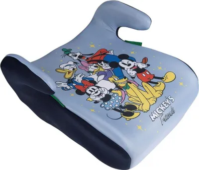 Produktbild von Tataway Mickey and Friends i-Size ECE R129/03 Sitzerhöhung. Kindersitzerhöhung für Kinder mit einer Körpergröße von 126 bis 150 cm. Sitzerhöhung mit Mickey-Mouse-Grafiken, Kindersitz auf blauem Hintergrund