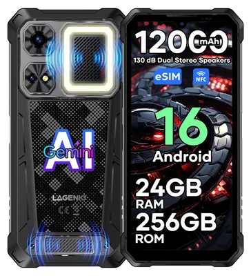 Immagine prodotto di LAGENIO Rhino 1 Pro Black Smartphone cellulare outdoor, 6,9" 120Hz 12.000mAh lunga durata OTG IP69K Impermeabile Protezione antiurto Cantiere NFC, 64MP 8GB RAM