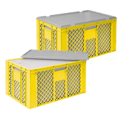 Produktbild von 2x 31,6 Liter Thermobox aus EPS in Eurobox durchbrochen 600x400x320 mm, gelb + Deckel, grau