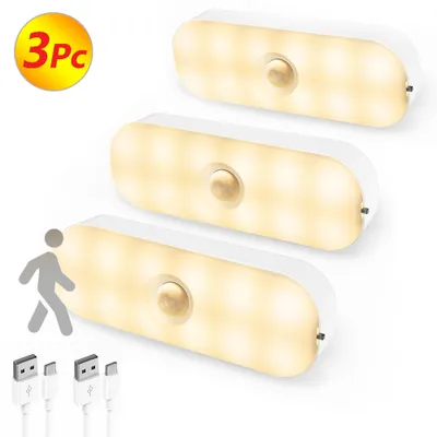 Zdjęcie produktu dla 3x lampka nocna LED z czujnikiem ruchu ładowana przez USB światło zmierzchowe ciepłe białe do schodów wewnętrznych, garderoby, kuchni, przedpokoju