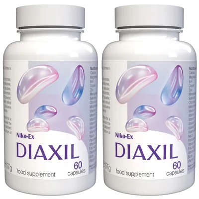Obrázek produktu pro Diaxil – 120 kapslí (2x60) s vysokým obsahem účinných látek – originální receptura ze Švýcarska – veganský a rostlinný přípravek s vitamíny a minerály – balení po 2 kusech