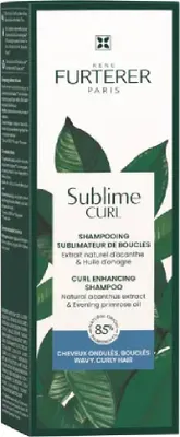 A product box for Rene Furterer Sublime Curl Curl Enhancing Shampoo, featuring green leaves and product details.