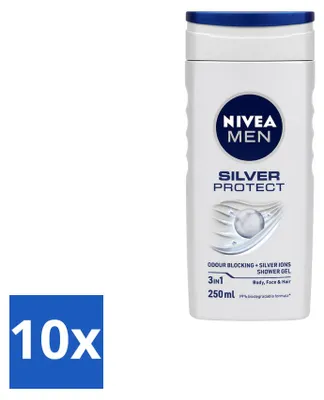 Image de 10 x Gel douche 3-en-1 Nivea Men Silver Protect - 250 ml - Pack économique - 10 pièces