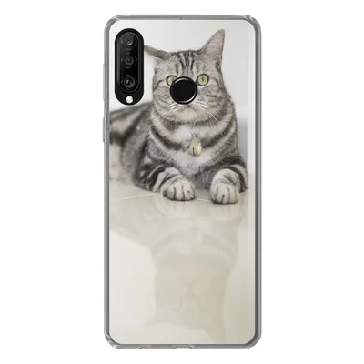 Produktbild von MuchoWow® Handyhülle Schutzhülle Hülle für Huawei P30 Lite Katze - Grau - Tier - Mädchen - Kinder - Jungen - Kind Silikon Softcase Handy Hülle - Handyhülle