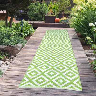 Produktbild von Innen- und Außenbereich Teppich wendbar in grün weiß Größe - 90 x 300 cm