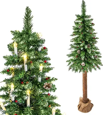 Image de Arbre de Noël artificiel avec tronc en bois - 220 cm + neige & décoration