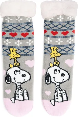 Produktbild von The Peanuts Snoopy Hüttensocken - Haussocken für Damen Kuschelsocken Flauschige Wintersocken warme Frauen Socken Grau/Rosa 35-38