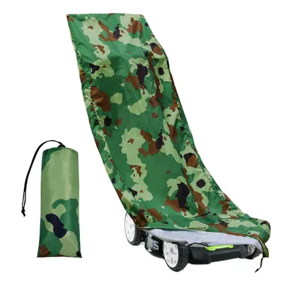 A camouflage-patterned lawnmower cover is shown draped over a lawnmower, with a folded version of the cover to the left.