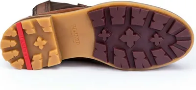 The underside of a brown boot is shown, highlighting the tread pattern of the sole.
